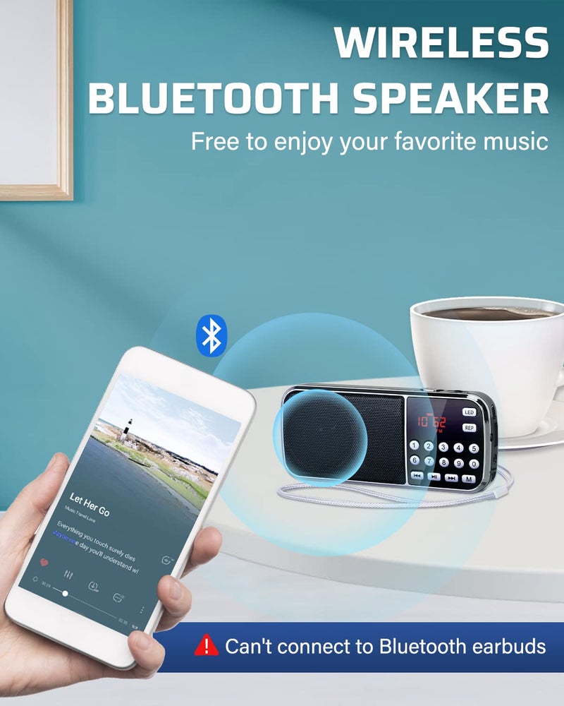 PRUNUS J-189 Bluetooth AM FM Radio, Small Portable Radios - Dual Speaker Heavy Bass, LED Flashlight, Pocket Size, TF Card USB AUX MP3 Player, Rechargeable Battery Operated Small Radio(Black) - Image 4